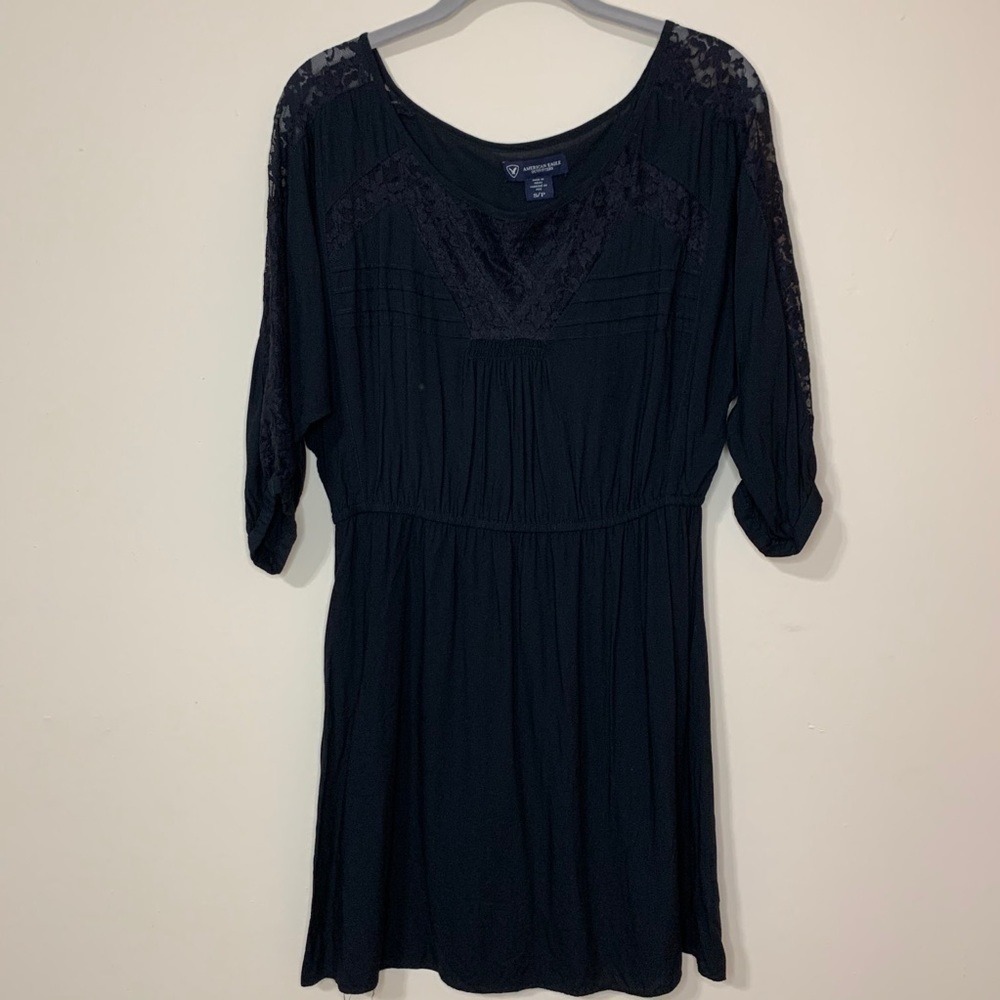 American Eagle Black 3/4 Sleeve Lace Mini Dress